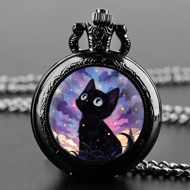 Mystical Cat Clock Pendant by KittyNook Cat Co.—a black pocket watch with a mystical cat under a starry sky.